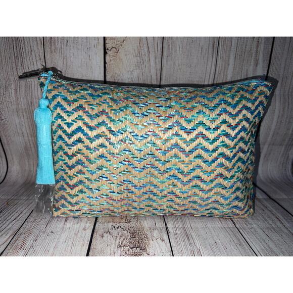 Lancome Paris Makeup Blue Beige Woven Straw Large Straw Cosmetic Bag Zipper - Picture 1 of 10